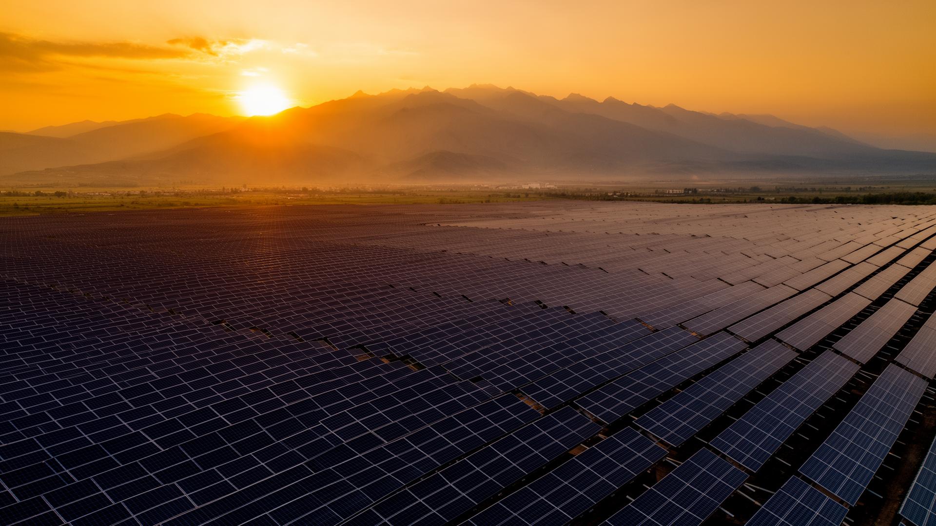 Aerial view of a solar power plant in Georgia at sunrise