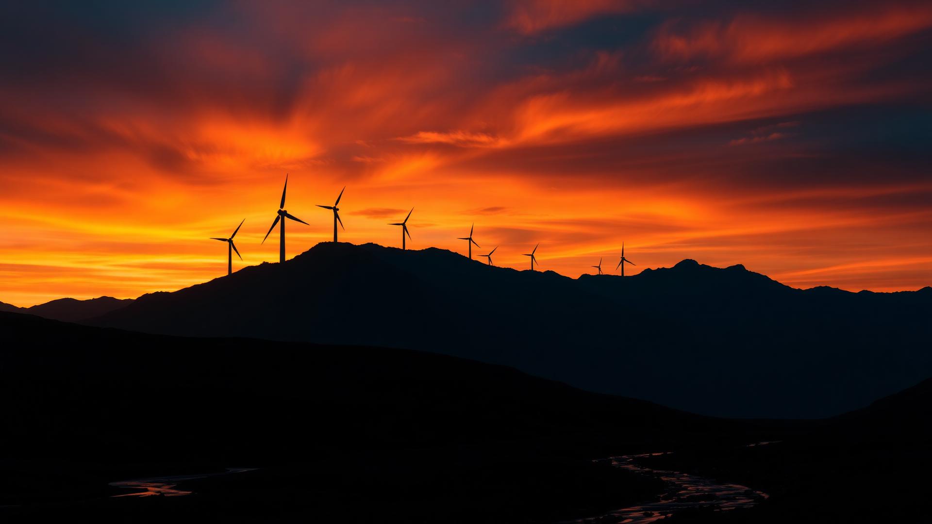 Wind turbines silhouetted at sunset